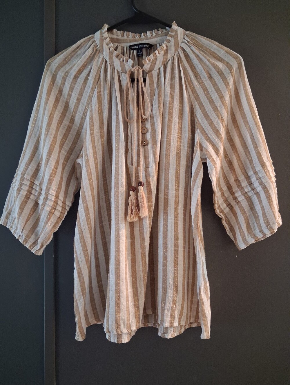 Unique Spectrum Women's Beige/White Striped Tie-Neck Button Tassel Top M